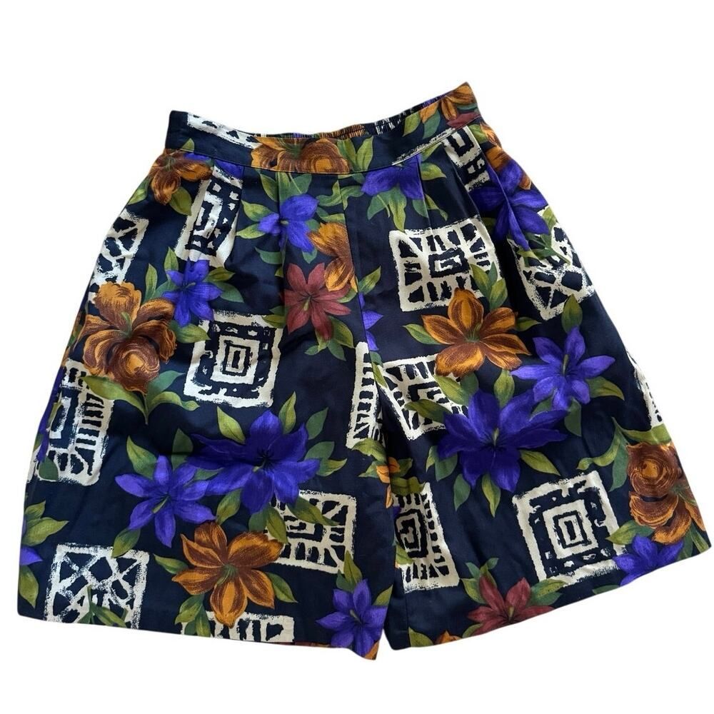 Vintage 90s Floral High Waisted Shorts Rayon Pleated Black Purple Orange M